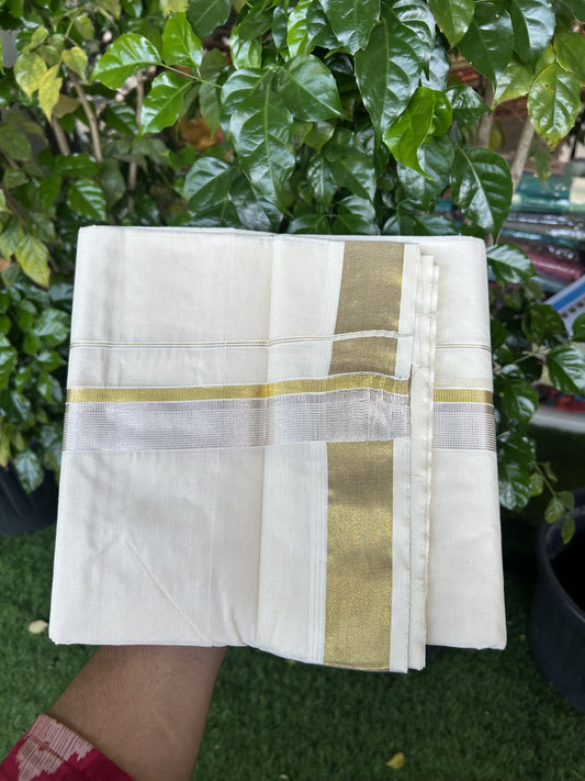 20% Discount ! KaithariKada Balaramapuram - 100% Pure Cotton Off White - (Unbleached) Double Mundu/Dhoti - 100X80 - 1.5 inch Gold Kasav & Silver Kasav Striped Kara 4 mtr (8.5 muzham) - 15 KK5340 VIN