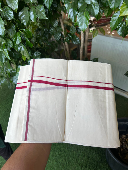 20% Discount! KaithariKada Balaramapuram 100% Cotton Double Off white - (Unbleached) - Mundu/Dhoti  (80s) - 1 cm Maroon Red Kara 4 mtr (8.5 muzham) - 50 KK5362 GAN