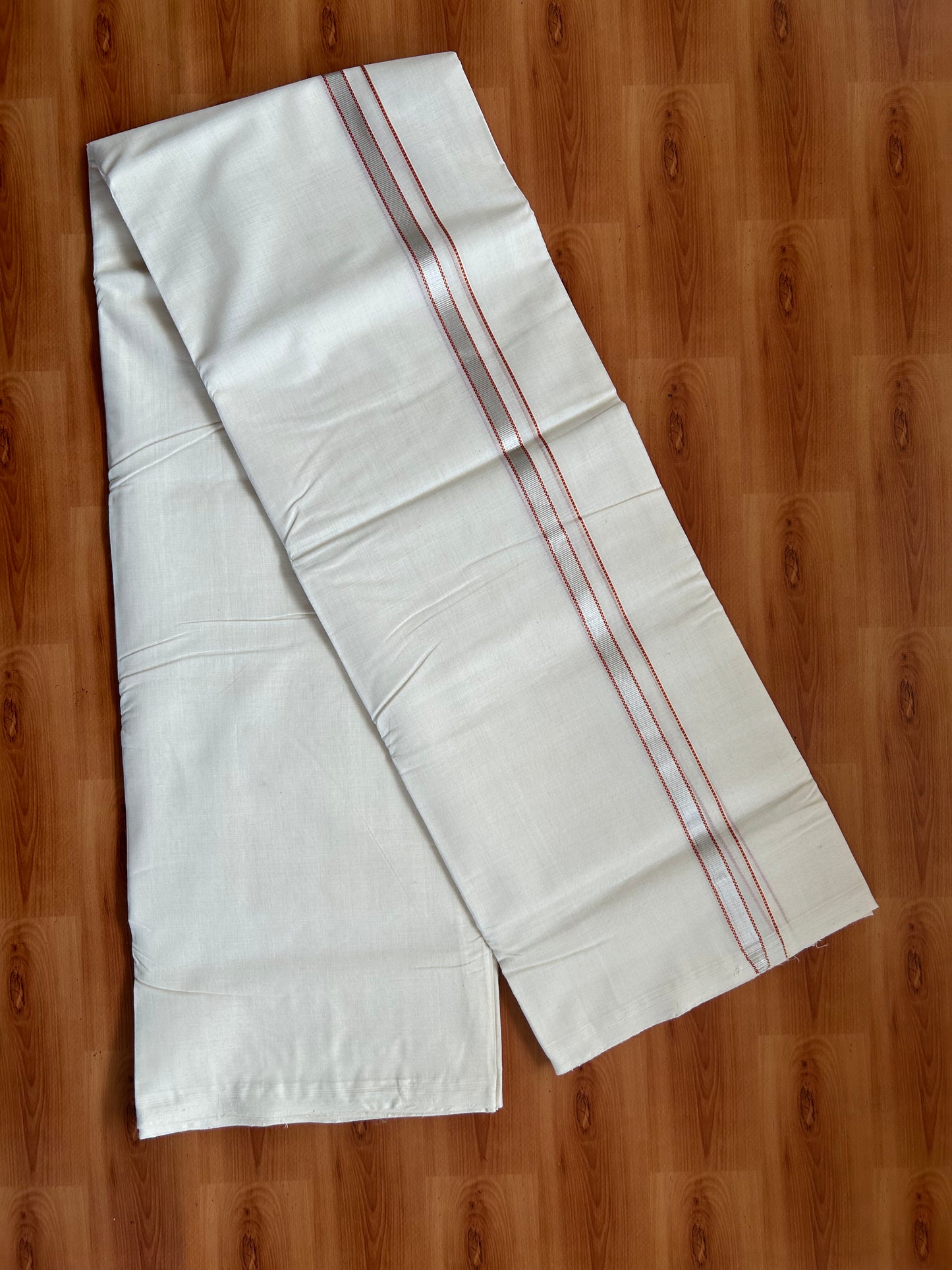 25% Discount ! KaithariKada Handloom Millpaav - Kerala Handloom - 100% Pure Cotton Off White (Unbleached) Double Mundu/Dothi - 100x80 - 0.5 inch Silver Gold Kasav & Red Muthukuri Kara 3.80 Meters (8 Muzham) - 7 KK5380 SOM