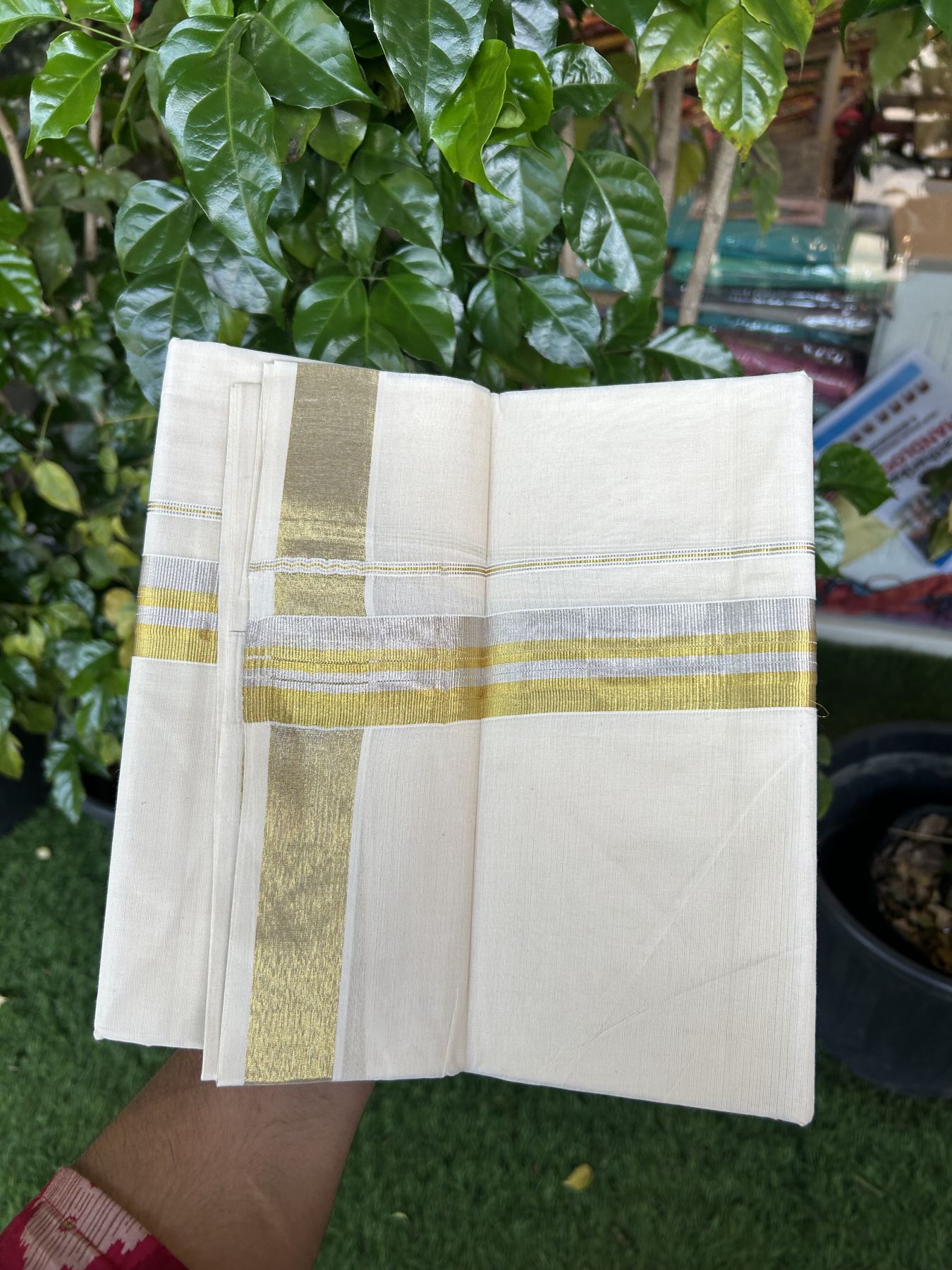 20% Discount ! KaithariKada Balaramapuram - 100% Pure Cotton Off White - (Unbleached) Double Mundu/Dhoti - 100X80 - 1.5 inch Gold Kasav & Silver Kasav Striped Kara 4 mtr (8.5 muzham) - 11 KK5340 VIN