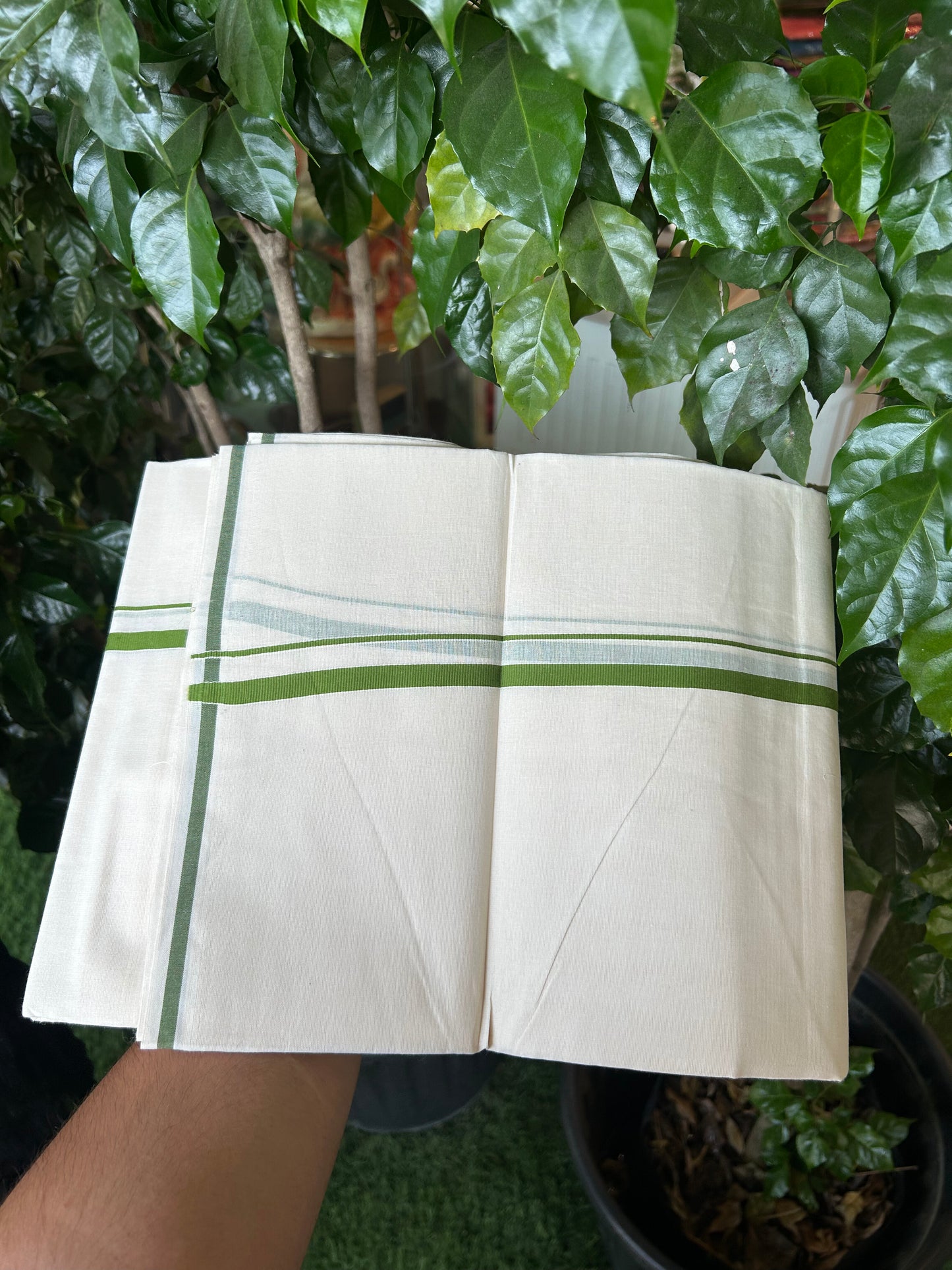 20% Discount! KaithariKada Balaramapuram 100% Cotton Double Off white - (Unbleached) - Mundu/Dhoti  (80s) - 1 cm Parrot Green Kara 4 mtr (8.5 muzham) - 49 KK5362 GAN