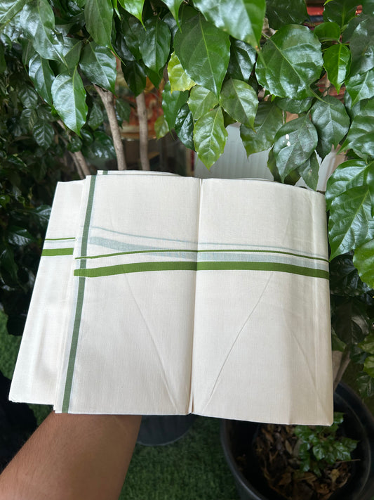 20% Discount! KaithariKada Balaramapuram 100% Cotton Double Off white - (Unbleached) - Mundu/Dhoti  (80s) - 1 cm Parrot Green Kara 4 mtr (8.5 muzham) - 49 KK5362 GAN