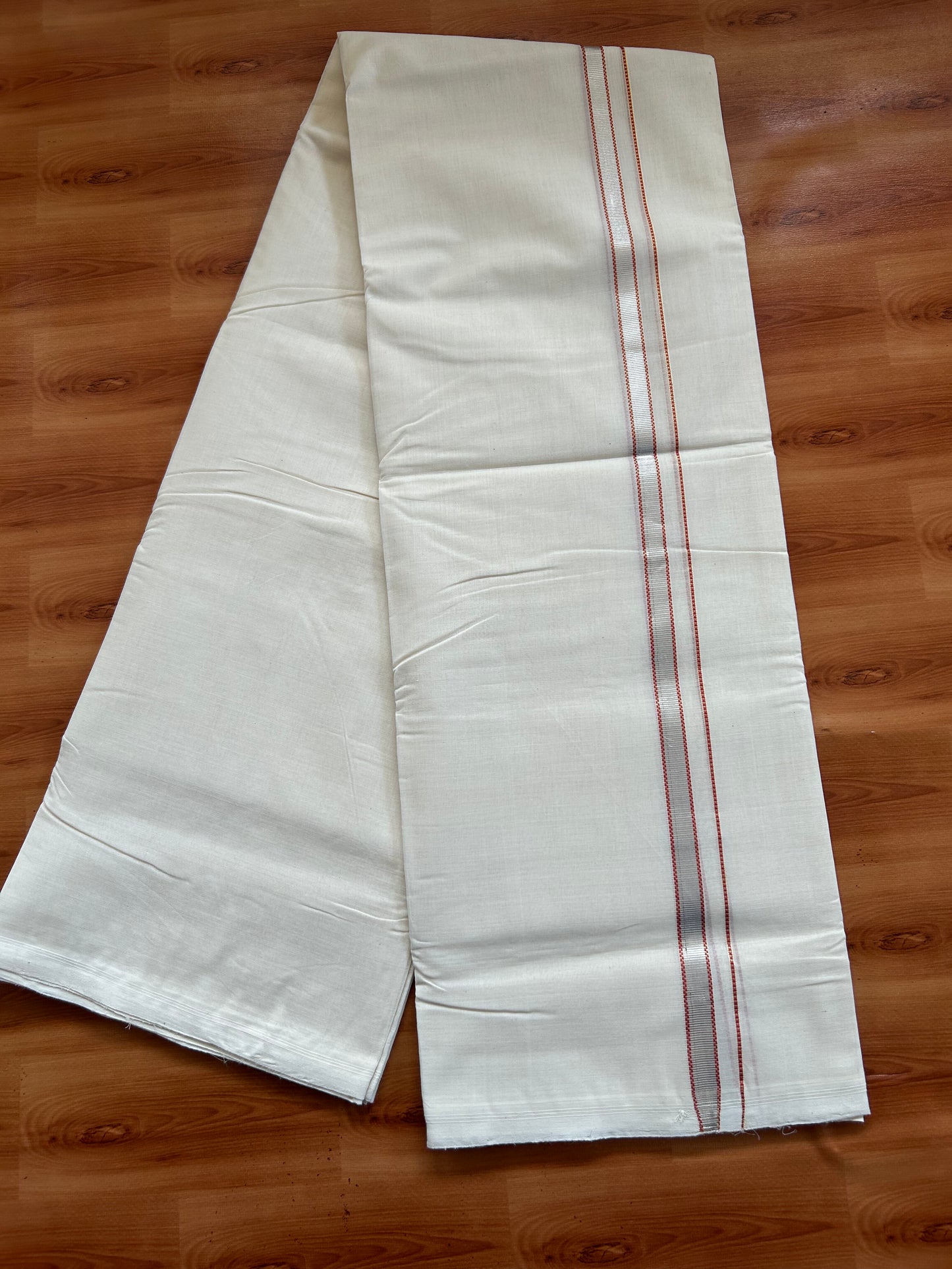 25% Discount ! KaithariKada Handloom Millpaav - Kerala Handloom - 100% Pure Cotton Off White (Unbleached) Double Mundu/Dothi - 100x80 - 0.5 inch Silver Gold Kasav & Red Muthukuri Kara 3.80 Meters (8 Muzham) - 7 KK5380 SOM