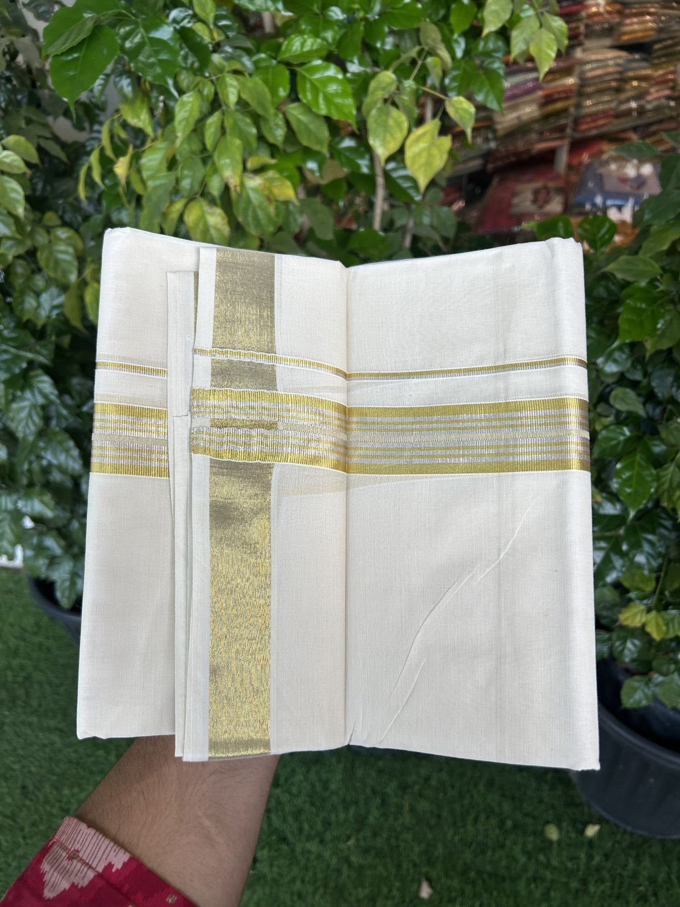 20% Discount ! KaithariKada Balaramapuram - 100% Pure Cotton Off White - (Unbleached) Double Mundu/Dhoti - 100X80 - 1.5 inch Gold Kasav & Silver Kasav Striped Kara 4 mtr (8.5 muzham) - 16 KK5340 VIN