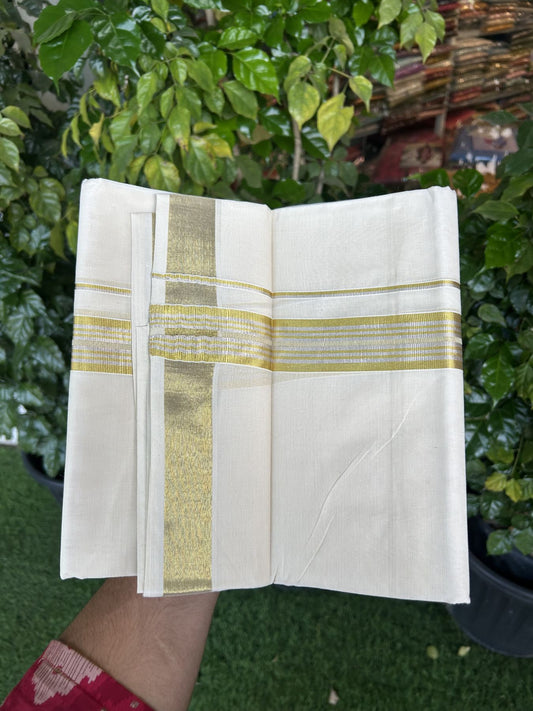 20% Discount ! KaithariKada Balaramapuram - 100% Pure Cotton Off White - (Unbleached) Double Mundu/Dhoti - 100X80 - 1.5 inch Gold Kasav & Silver Kasav Striped Kara 4 mtr (8.5 muzham) - 16 KK5340 VIN