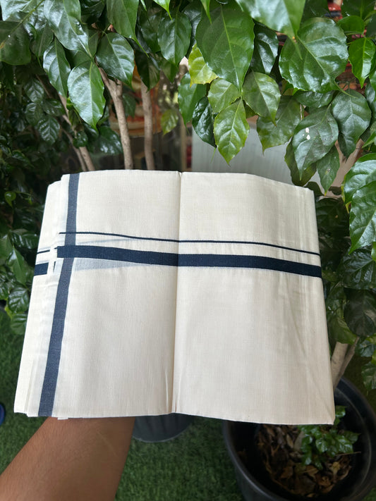 20% Discount! KaithariKada Balaramapuram 100% Cotton Double Off white - (Unbleached) - Mundu/Dhoti  (80s) - 1.5 cm Navy Blue Kara 4 mtr (8.5 muzham) - 46 KK5362 GAN