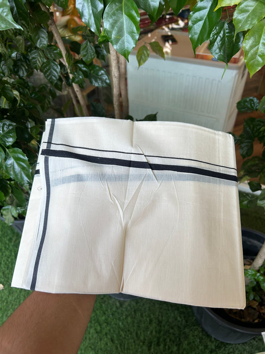 20% Discount! KaithariKada Balaramapuram 100% Cotton Double Off white - (Unbleached) - Mundu/Dhoti  (80s) - 1 cm Black Kara 4 mtr (8.5 muzham) - 54 KK5362 GAN