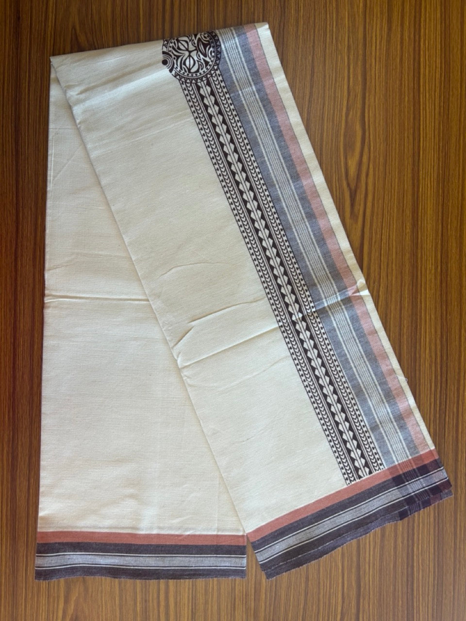 12% Discount !! Kaitharikada Pure Cotton Single Off White - (Unbleached) Kaily / Lungi - 4.25 inch  Brown & Brownish Orange Striped Printed kara Kuppadam Border with Off White colour body (2 meter / 4 muzham)- 12KK8010AS