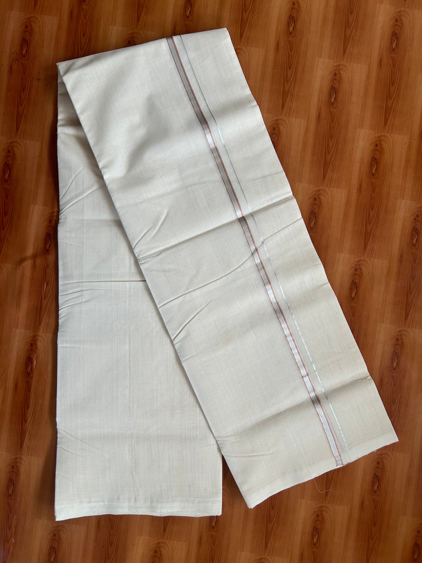 25% Discount ! KaithariKada Handloom Millpaav - Kerala Handloom - 100% Pure Cotton Off White (Unbleached) Double Mundu/Dothi - 100x80 - 0.5 inch Silver & Copper Kasav Striped Kara 3.80 Meters (8 Muzham) - 16 KK5380 SOM