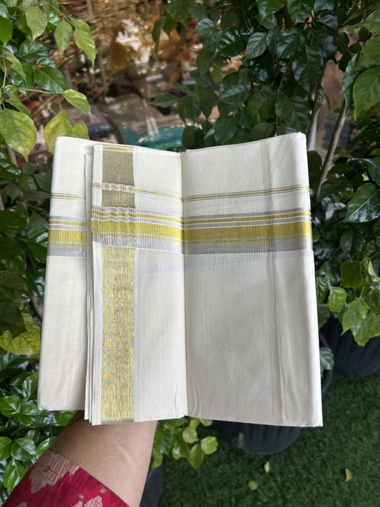 20% Discount ! KaithariKada Balaramapuram - 100% Pure Cotton Off White - (Unbleached) Double Mundu/Dhoti - 100X80 - 1.5 inch Gold Kasav & Silver Kasav Striped Kara 4 mtr (8.5 muzham) - 14 KK5340 VIN