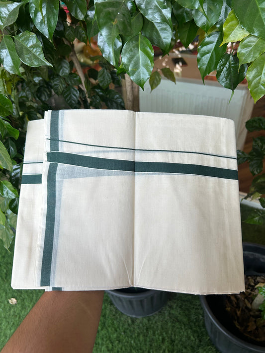 20% Discount! KaithariKada Balaramapuram 100% Cotton Double Off white - (Unbleached) - Mundu/Dhoti  (80s) - 1.5 cm Dark Green Kara 4 mtr (8.5 muzham) - 41 KK5362 GAN