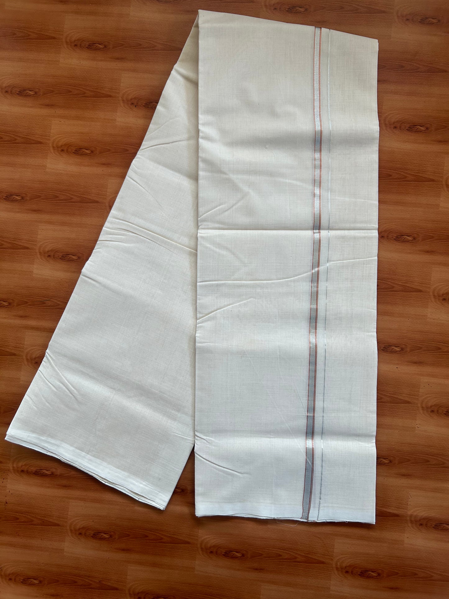 25% Discount ! KaithariKada Handloom Millpaav - Kerala Handloom - 100% Pure Cotton Off White (Unbleached) Double Mundu/Dothi - 100x80 - 0.5 inch Silver & Copper Kasav Striped Kara 3.80 Meters (8 Muzham) - 16 KK5380 SOM