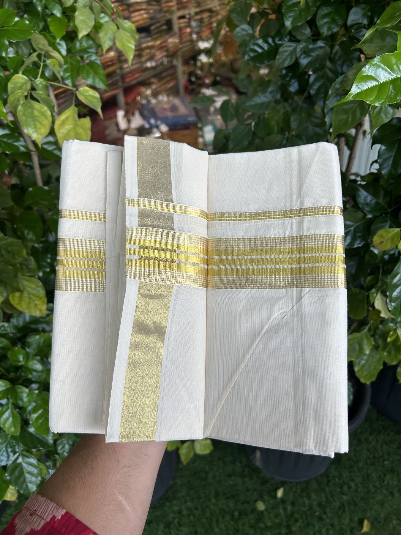 20% Discount ! KaithariKada Balaramapuram - 100% Pure Cotton Off White - (Unbleached) Double Mundu/Dhoti - 100X80 - 1.5 inch Gold Kasav & Silver Kasav Striped Kara 4 mtr (8.5 muzham) - 24 KK5340 VIN