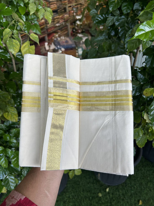 20% Discount ! KaithariKada Balaramapuram - 100% Pure Cotton Off White - (Unbleached) Double Mundu/Dhoti - 100X80 - 1.5 inch Gold Kasav & Silver Kasav Striped Kara 4 mtr (8.5 muzham) - 24 KK5340 VIN
