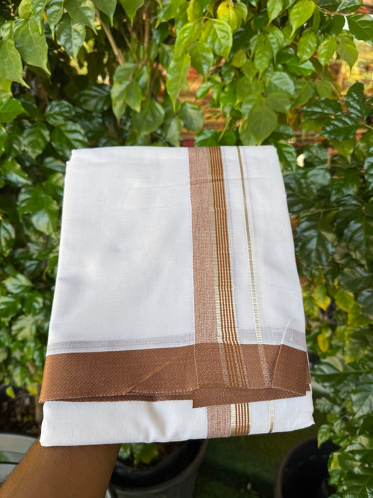 23% Discount! KaithariKada Balaramapuram 100% Mercerised Cotton Double Ultra Pure white Mundu/Dhoti - 80x80 -  1.25 inch Silver Kasavu & Walnut Brown shaded striped Kara - 117 KK5251 PMC