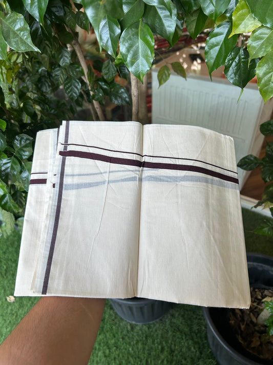 20% Discount! KaithariKada Balaramapuram 100% Cotton Double Off white - (Unbleached) - Mundu/Dhoti  (80s) - 1 cm Dark Brown Kara 4 mtr (8.5 muzham) - 53 KK5362 GAN