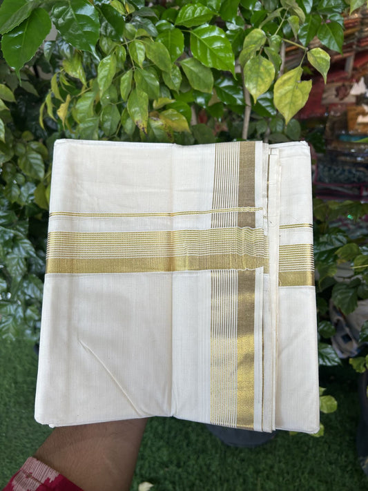 20% Discount ! KaithariKada Balaramapuram - 100% Pure Cotton Off White - (Unbleached) Double Mundu/Dhoti - 100X80 - 1.5 inch Gold Kasav Striped Kara 4 mtr (8.5 muzham) - 9 KK5340 VIN