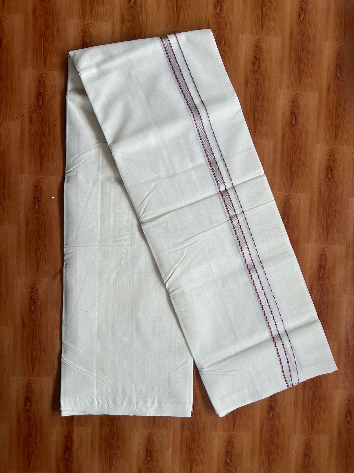 25% Discount ! KaithariKada Handloom Millpaav - Kerala Handloom - 100% Pure Cotton Off White (Unbleached) Double Mundu/Dothi - 100x80 - 0.5 inch  Silver Kasav & Maroon Muthukuri Kara 3.80 Meters (8 Muzham) - 9 KK5380 SOM
