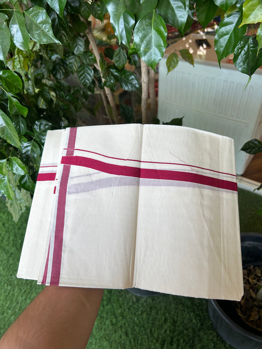 20% Discount! KaithariKada Balaramapuram 100% Cotton Double Off white - (Unbleached) - Mundu/Dhoti  (80s) - 1.5 cm Maroon Red Kara 4 mtr (8.5 muzham) - 43 KK5362 GAN
