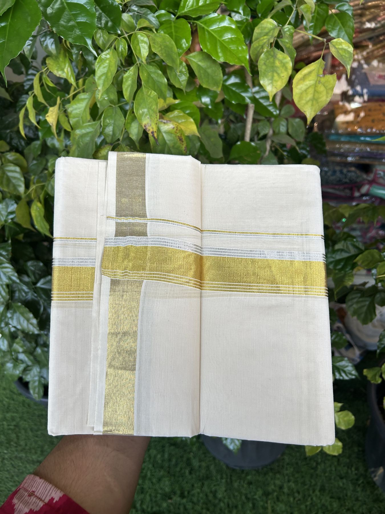 20% Discount ! KaithariKada Balaramapuram - 100% Pure Cotton Off White - (Unbleached) Double Mundu/Dhoti - 100X80 - 1.5 inch Gold Kasav & Silver Kasav Striped Kara 4 mtr (8.5 muzham) - 13 KK5340 VIN