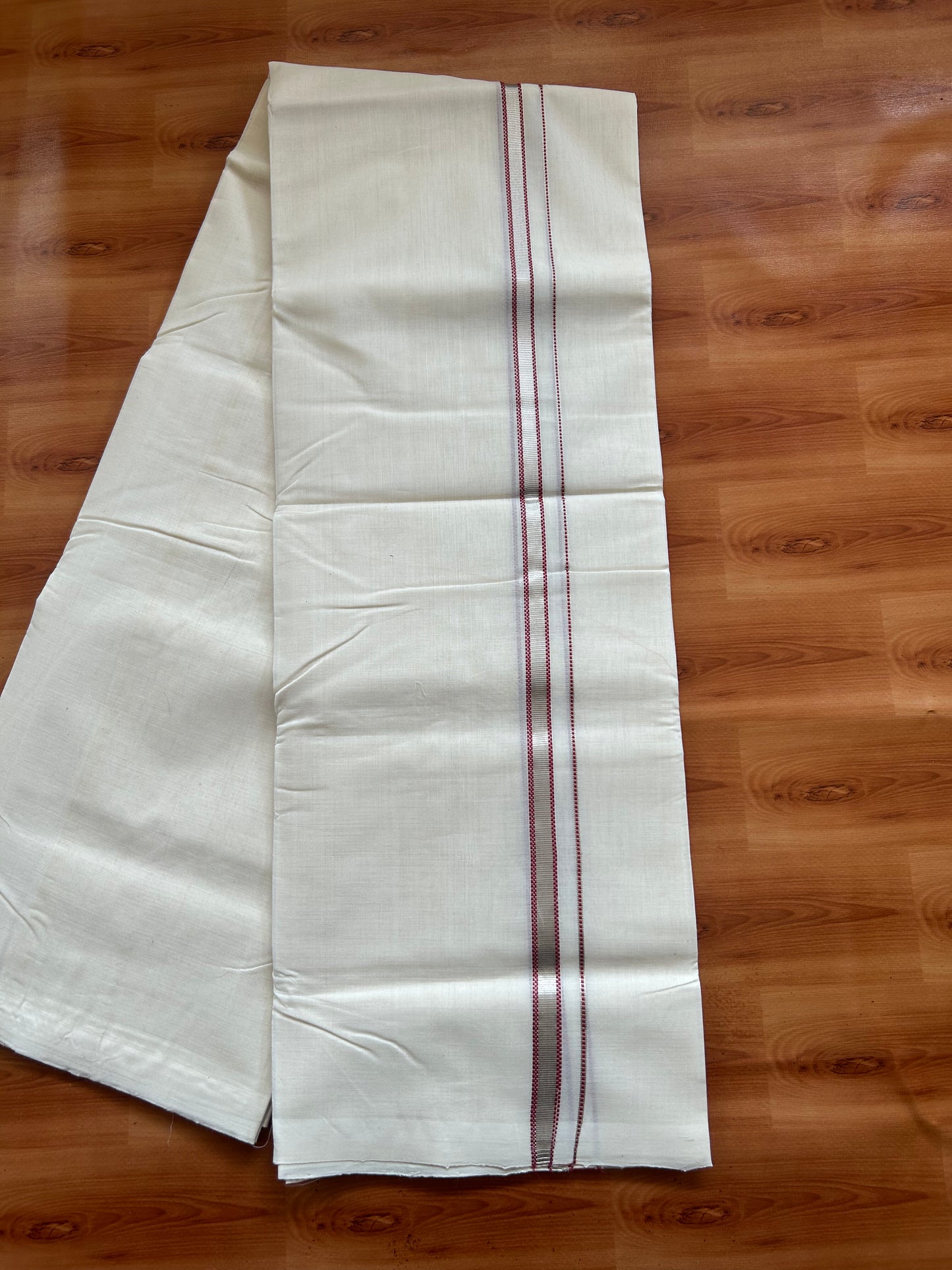 25% Discount ! KaithariKada Handloom Millpaav - Kerala Handloom - 100% Pure Cotton Off White (Unbleached) Double Mundu/Dothi - 100x80 - 0.5 inch  Silver Kasav & Maroon Muthukuri Kara 3.80 Meters (8 Muzham) - 9 KK5380 SOM