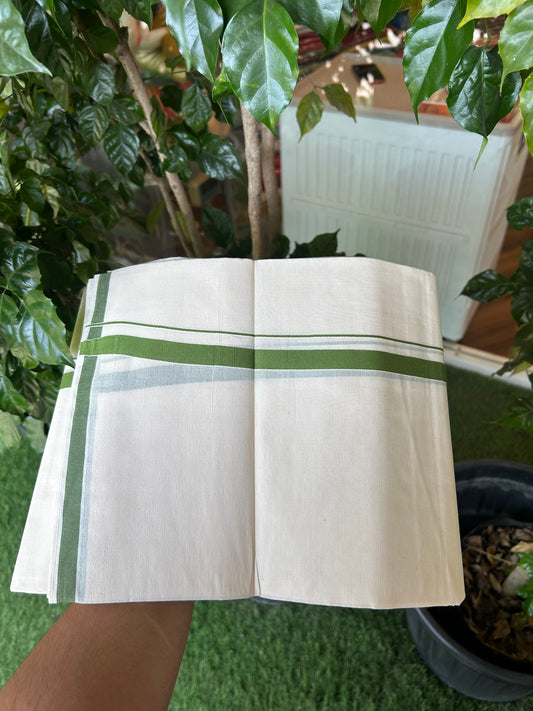 20% Discount! KaithariKada Balaramapuram 100% Cotton Double Off white - (Unbleached) - Mundu/Dhoti  (80s) - 1.5 cm Parrot Green Kara 4 mtr (8.5 muzham) - 44 KK5362 GAN