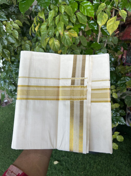 20% Discount ! KaithariKada Balaramapuram - 100% Pure Cotton Off White - (Unbleached) Double Mundu/Dhoti - 100X80 - 1.5 inch Gold Kasav Striped Kara 4 mtr (8.5 muzham) - 4 KK5340 VIN