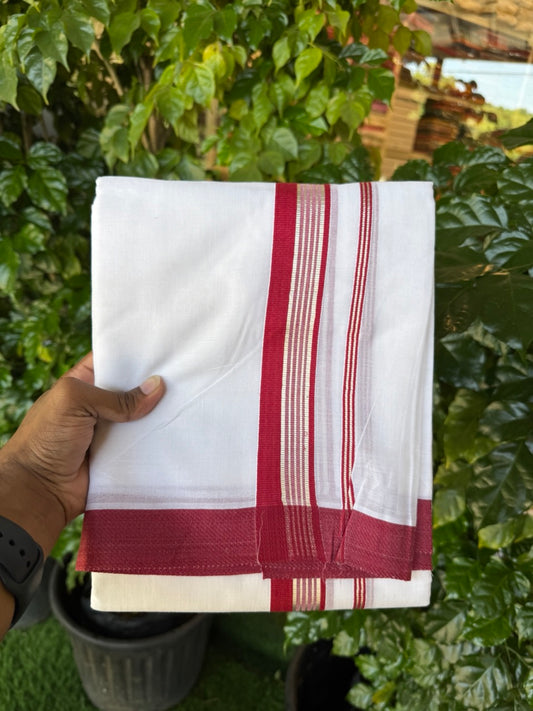 23% Discount! KaithariKada Balaramapuram 100% Mercerised Cotton Double Ultra Pure white Mundu/Dhoti - 80x80 -  1.5 inch Silver Kasavu & Maroon striped Kara - 115 KK5251 PMC