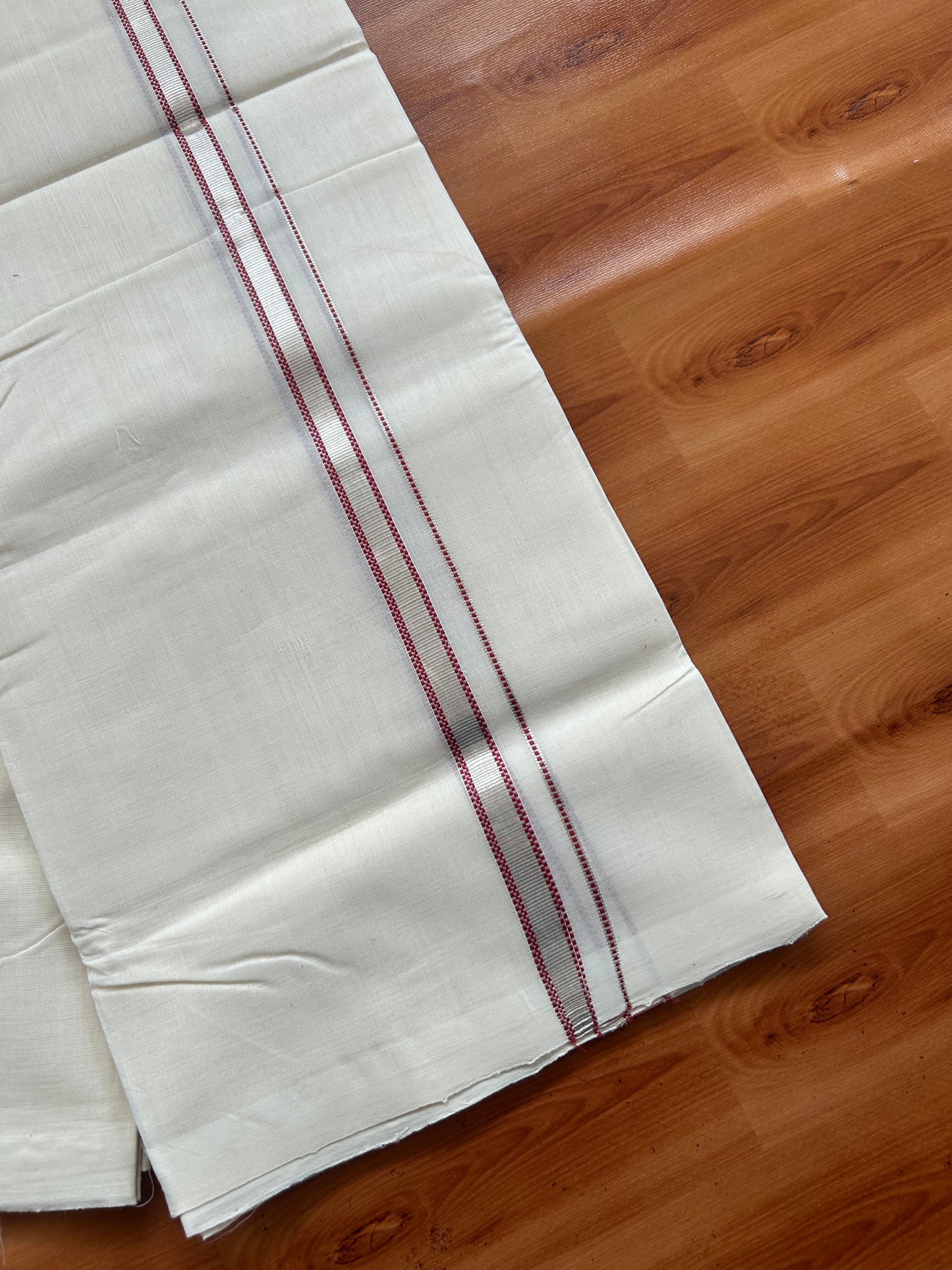 25% Discount ! KaithariKada Handloom Millpaav - Kerala Handloom - 100% Pure Cotton Off White (Unbleached) Double Mundu/Dothi - 100x80 - 0.5 inch  Silver Kasav & Maroon Muthukuri Kara 3.80 Meters (8 Muzham) - 9 KK5380 SOM