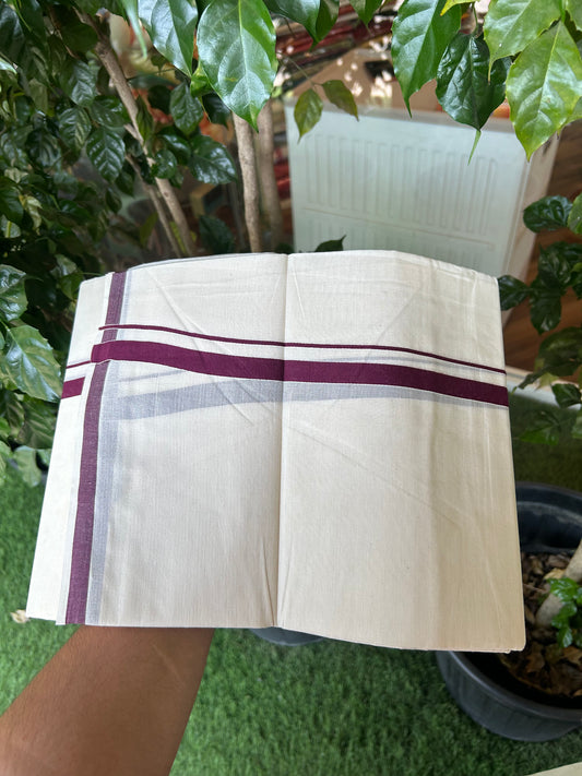 20% Discount! KaithariKada Balaramapuram 100% Cotton Double Off white - (Unbleached) - Mundu/Dhoti  (80s) - 1.5 cm Wine Purple Kara 4 mtr (8.5 muzham) - 42 KK5362 GAN