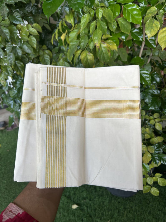20% Discount ! KaithariKada Balaramapuram - 100% Pure Cotton Off White - (Unbleached) Double Mundu/Dhoti - 100X80 - 1.5 inch Gold Kasav Striped Kara 4 mtr (8.5 muzham) - 5 KK5340 VIN