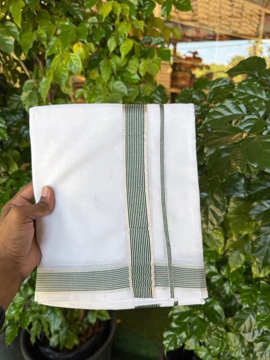 20% Discount ! KaithariKada Balaramapuram 100% Mercerised Cotton Double Ultra Pure white Mundu/Dhoti - 80x80 - 1.25 inch Dark Green & Silver Kasavu Striped Kara - 113 KK5251 PMC