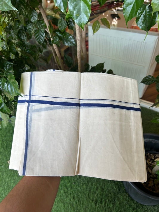 20% Discount! KaithariKada Balaramapuram 100% Cotton Double Off white - (Unbleached) - Mundu/Dhoti  (80s) - 1 cm Dark Blue Kara 4 mtr (8.5 muzham) - 52 KK5362 GAN