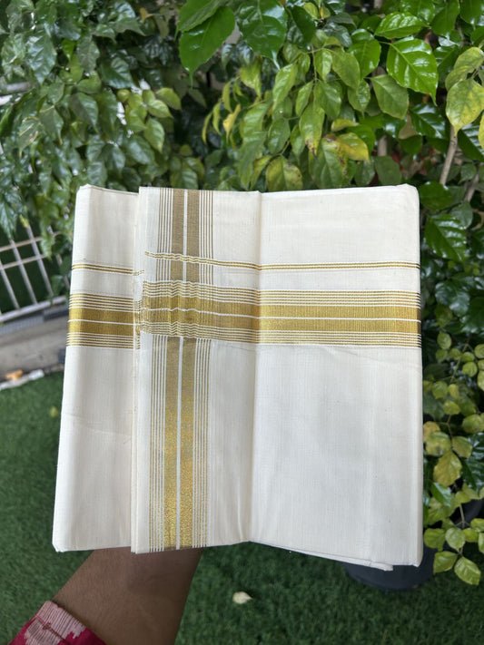 20% Discount ! KaithariKada Balaramapuram - 100% Pure Cotton Off White - (Unbleached) Double Mundu/Dhoti - 100X80 - 1.5 inch Gold Kasav Striped Kara 4 mtr (8.5 muzham) - 7 KK5340 VIN