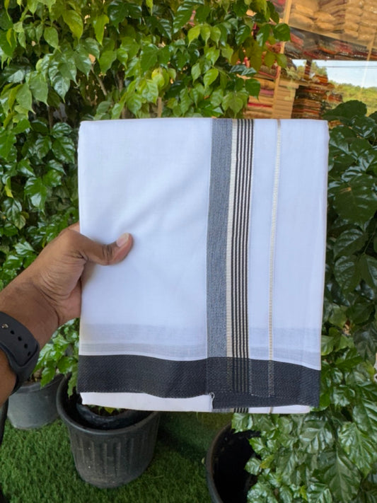 23% Discount! KaithariKada Balaramapuram 100% Mercerised Cotton Double Ultra Pure white Mundu/Dhoti - 80x80 -  1.5 inch Silver Kasavu & Black shaded striped Kara - 118 KK5251 PMC