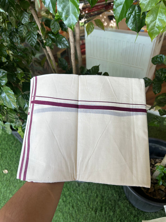 20% Discount! KaithariKada Balaramapuram 100% Cotton Double Off white - (Unbleached) - Mundu/Dhoti  (80s) - 1 cm Wine Purple Kara 4 mtr (8.5 muzham) - 48 KK5362 GAN