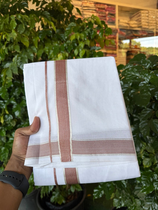 20% Discount ! KaithariKada Balaramapuram 100% Mercerised Cotton Double Ultra Pure white Mundu/Dhoti - 80x80 - 1.25 inch Brown & Silver Kasavu Striped Kara - 110 KK5251 PMC