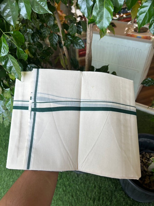 20% Discount! KaithariKada Balaramapuram 100% Cotton Double Off white - (Unbleached) - Mundu/Dhoti  (80s) - 1 cm Dark Green Kara 4 mtr (8.5 muzham) - 47 KK5362 GAN