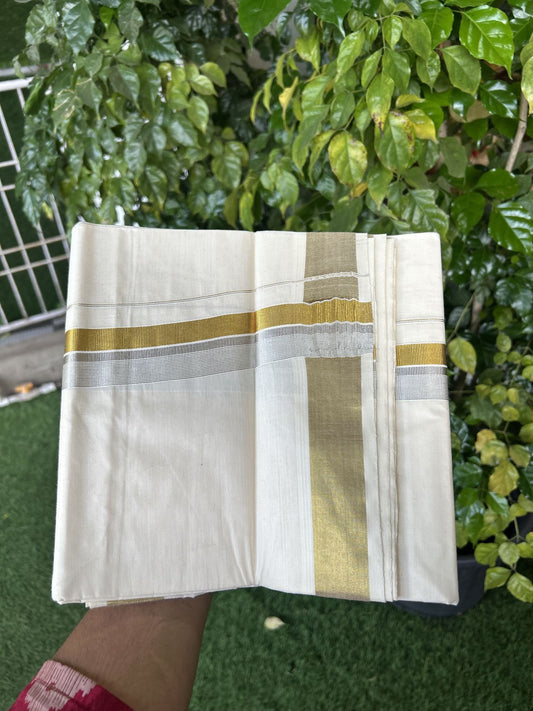 20% Discount ! KaithariKada Balaramapuram - 100% Pure Cotton Off White - (Unbleached) Double Mundu/Dhoti - 100X80 - 1.5 inch Gold Kasav & Silver Kasav Striped Kara 4 mtr (8.5 muzham) - 18 KK5340 VIN