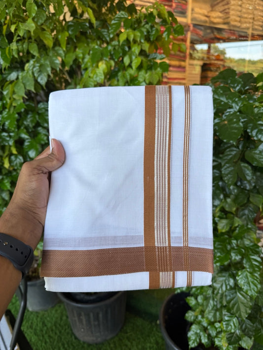 23% Discount! KaithariKada Balaramapuram 100% Mercerised Cotton Double Ultra Pure white Mundu/Dhoti - 80x80 -  1.25 inch Silver Kasavu & Walnut Brown striped Kara - 116 KK5251 PMC