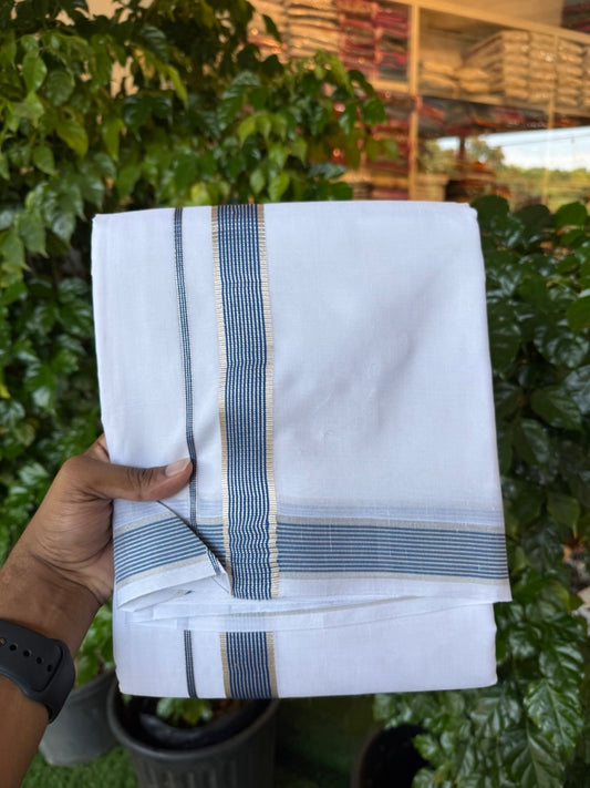 20% Discount ! KaithariKada Balaramapuram 100% Mercerised Cotton Double Ultra Pure white Mundu/Dhoti - 80x80 - 1.25 inch Blue & Silver Kasavu Striped Kara - 109 KK5251 PMC