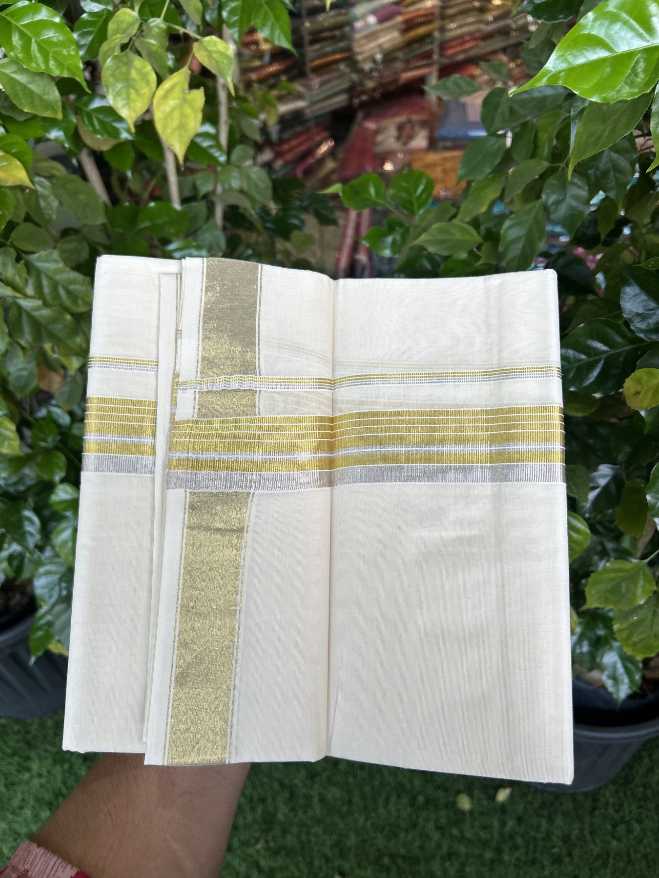 20% Discount ! KaithariKada Balaramapuram - 100% Pure Cotton Off White - (Unbleached) Double Mundu/Dhoti - 100X80 - 1.5 inch Gold Kasav & Silver Kasav Striped Kara 4 mtr (8.5 muzham) - 17 KK5340 VIN