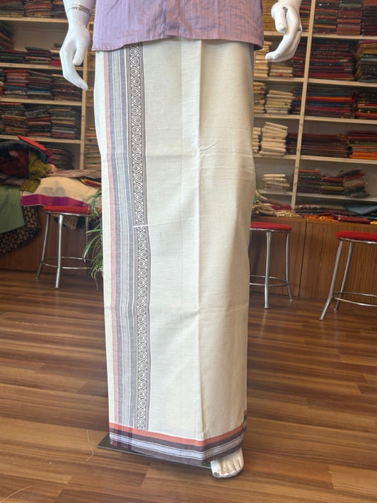 12% Discount !! Kaitharikada Pure Cotton Single OFF WHITE - (Unbleached) Kaily / Lungi - 3.75 inch  Brown & Brownish Orange Striped Printed kara Kuppadam Border with OFF WHITE colour body (2 meter / 4 muzham)- 10KK8010AS