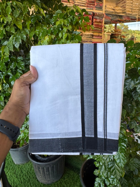 20% Discount! KaithariKada Balaramapuram 100% Mercerised Cotton Double Ultra Pure white Mundu/Dhoti - 80x80 -  1.5 inch Black shaded Kara - 120 KK5251 PMC