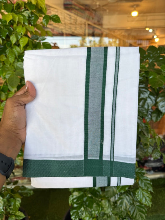 20% Discount! KaithariKada Balaramapuram 100% Mercerised Cotton Double Ultra Pure white Mundu/Dhoti - 80x80 -  1.5 inch Green shaded Kara - 121 KK5251 PMC