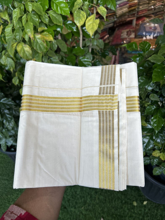 20% Discount ! KaithariKada Balaramapuram - 100% Pure Cotton Off White - (Unbleached) Double Mundu/Dhoti - 100X80 - 1.5 inch Gold Kasav Striped Kara 4 mtr (8.5 muzham) - 8 KK5340 VIN
