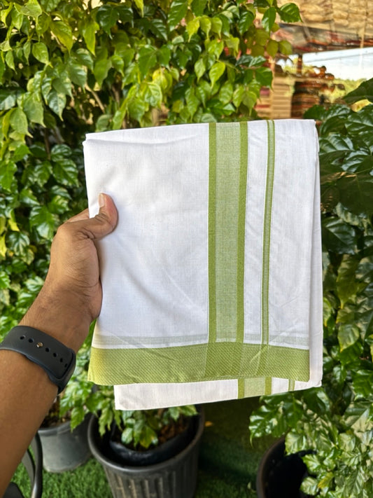 20% Discount! KaithariKada Balaramapuram 100% Mercerised Cotton Double Ultra Pure white Mundu/Dhoti - 80x80 -  1.25 inch Pista Green shaded Kara - 119 KK5251 PMC