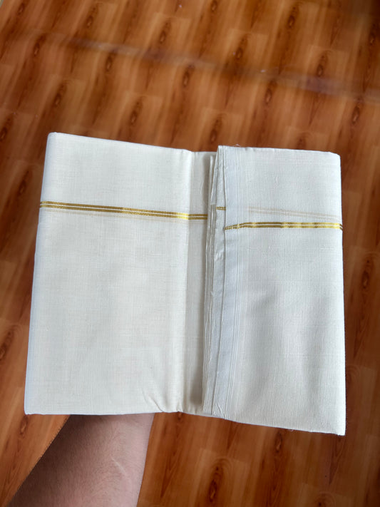 25% Discount! KaithariKada Kerala Handloom Millpaav - 100% Pure Cotton Off White (Unbleached) Double Mundu/Dhoti - 100X80 - 0.5cm Gold Kasav Kara 3.80 (8Muzham) - 50 KK5380 SOM