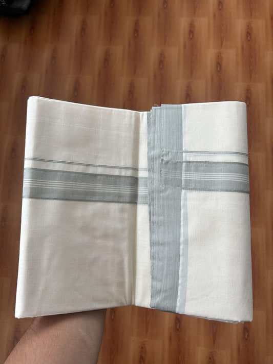 Double Off white (Unbleached) Mundu/Dhoti - 20% Discount KaithariKada Balaramapuram 100% Cotton - 100x100 - 1.25 inch Ash Green Shaded Striped Kara - 32 KK5392 ASH