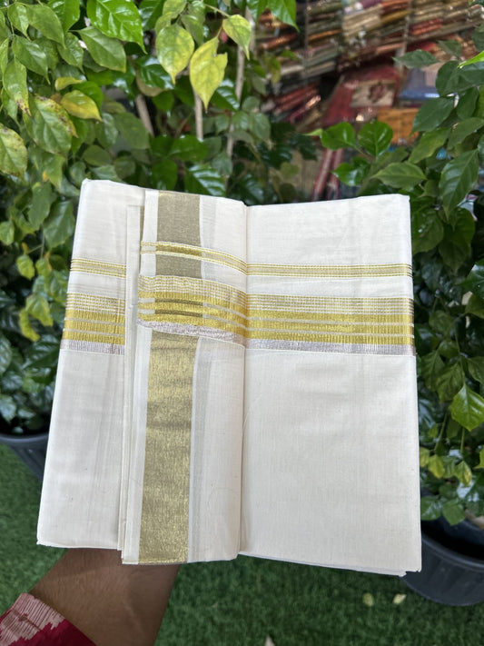 20% Discount ! KaithariKada Balaramapuram - 100% Pure Cotton Off White - (Unbleached) Double Mundu/Dhoti - 100X80 - 1.5 inch Gold Kasav & Silver Kasav Striped Kara 4 mtr (8.5 muzham) - 23 KK5340 VIN